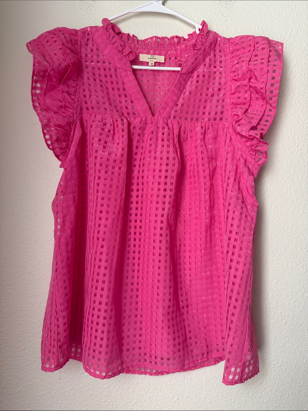 Entro Pink Ruffle Sleeve Grid Top